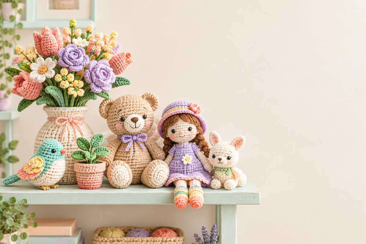 Bright playful crochet collection on a pastel shelf